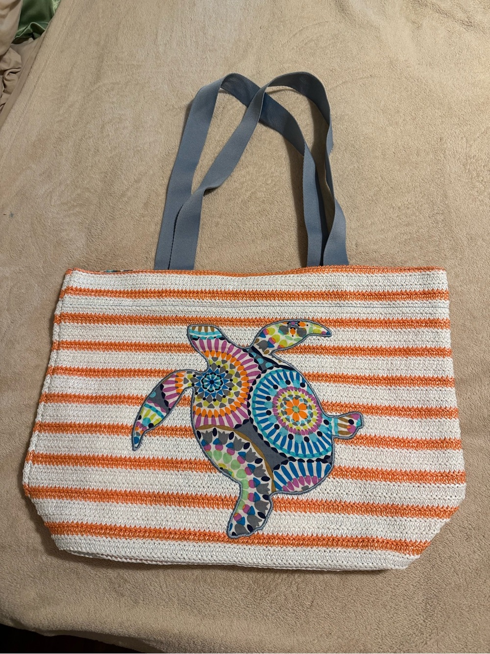 Vera Bradley Striped Beach Tote with Colorful Turtle Applique - Orange & White
